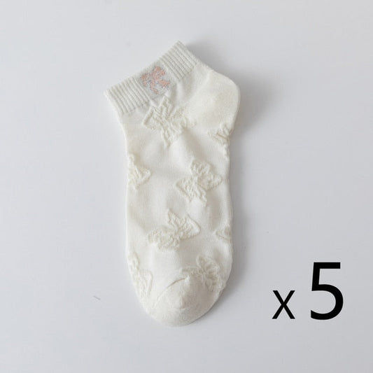 Anysox 5 Pairs One Size 35-40 Women Socks Summer Cute Cartoon Ribbon Print White Female Casual Socks