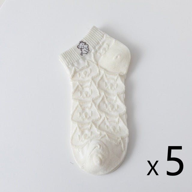 Anysox 5 Pairs One Size 35-40 Women Socks Summer Cute Cartoon Animal Cat Print White Female Casual Socks