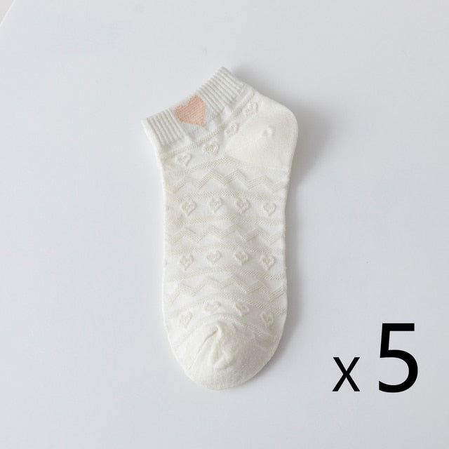 Anysox 5 Pairs One Size 35-40 Women Socks Summer Cute Cartoon Heart Print White Female Casual Socks