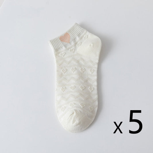 Anysox 5 Pairs One Size 35-40 Women Socks Summer Cute Cartoon Heart Print White Female Casual Socks
