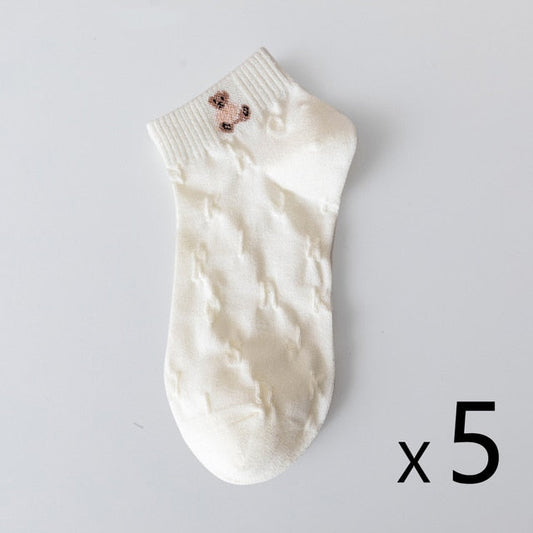 Anysox 5 Pairs One Size 35-40 Women Socks Summer Cute Cartoon Animal Bear Print White Female Casual Socks