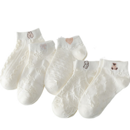 Anysox 5 Pairs One Size 35-40 Women Socks Summer Cute Cartoon Animal Rabbit Bear Cat Ribbon Heart Print White Female Casual Random Socks