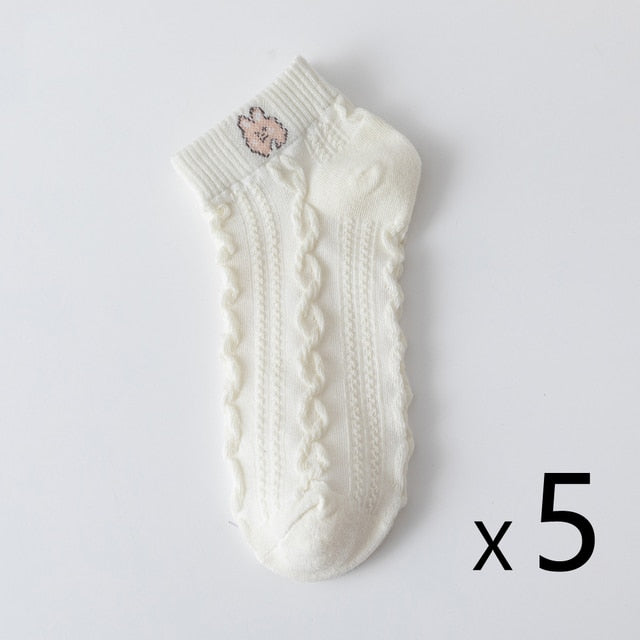 Anysox 5 Pairs One Size 35-40 Women Socks Summer Cute Cartoon Animal Rabbit Print White Female Casual Socks