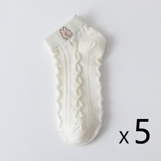 Anysox 5 Pairs One Size 35-40 Women Socks Summer Cute Cartoon Animal Rabbit Print White Female Casual Socks