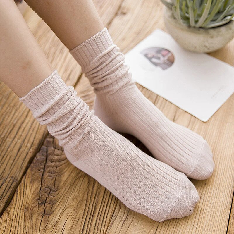 Anysox 5 Pairs One Size 36-43 Yellow Retro Long Knitted Socks Cotton Autumn Winter Solid Color Women Student Girls