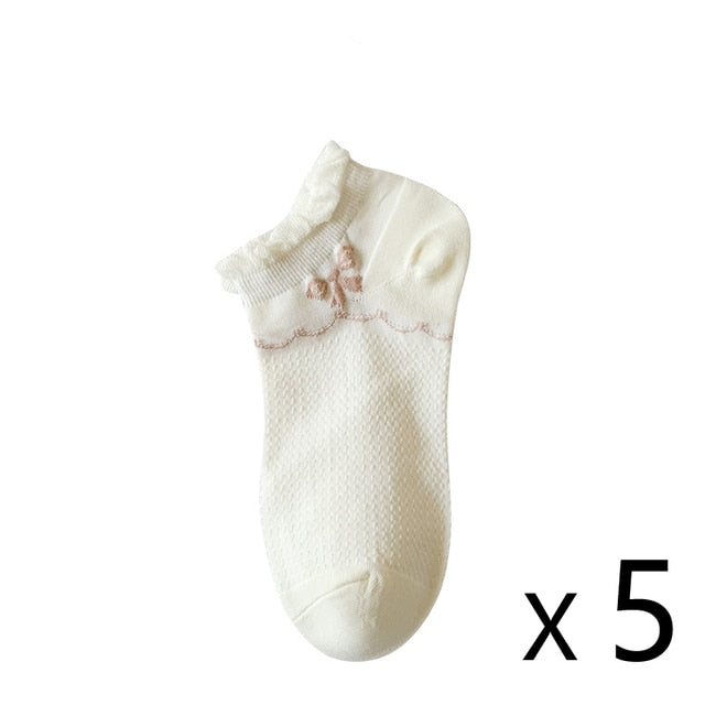 Anysox 5 Pairs One Size 35-40 Summer Short Boat Invisible Chaussette Ribbon Print Cotton Ankle  Breathable Women Sock