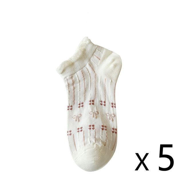 Anysox 5 Pairs One Size 35-40 Summer Short Boat Invisible Chaussette Cherry Ribbon Cotton Ankle  Breathable Women Sock