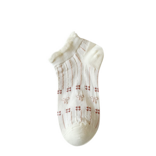 Anysox 5 Pairs One Size 35-40 Summer Short Boat Invisible Chaussette Cherry Ribbon Cotton Ankle  Breathable Women Sock