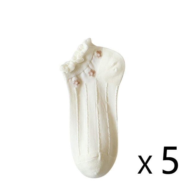 Anysox 5 Pairs One Size 35-40 Summer Short Boat Invisible Chaussette Flower Print Cotton Ankle  Breathable Women Sock