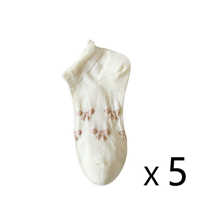 Anysox 5 Pairs One Size 35-40 Cute Summer Short Boat Invisible Chaussette Ribbon Print Cotton Ankle  Breathable Women Sock