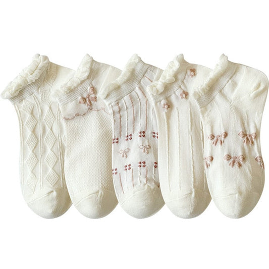Anysox 5 Pairs One Size 35-40 Summer Short Boat Invisible Chaussette Diamond Wave Ribbon Flower Print Cotton Ankle  Breathable Women Random Socks