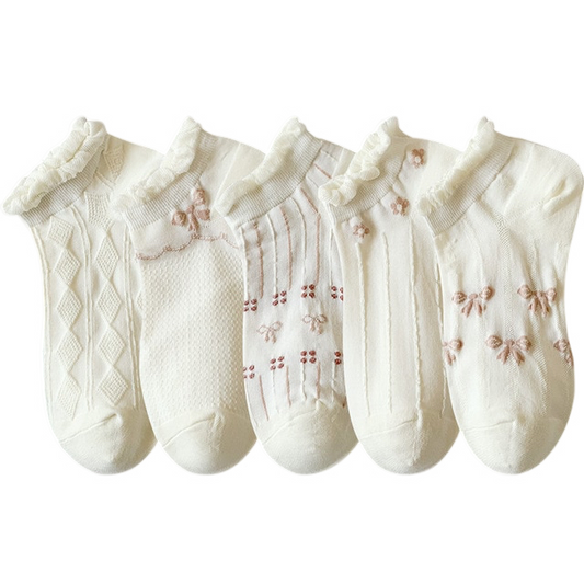 Anysox 5 Pairs One Size 35-40 Summer Short Boat Invisible Chaussette Diamond Wave Ribbon Flower Print Cotton Ankle  Breathable Women Random Socks
