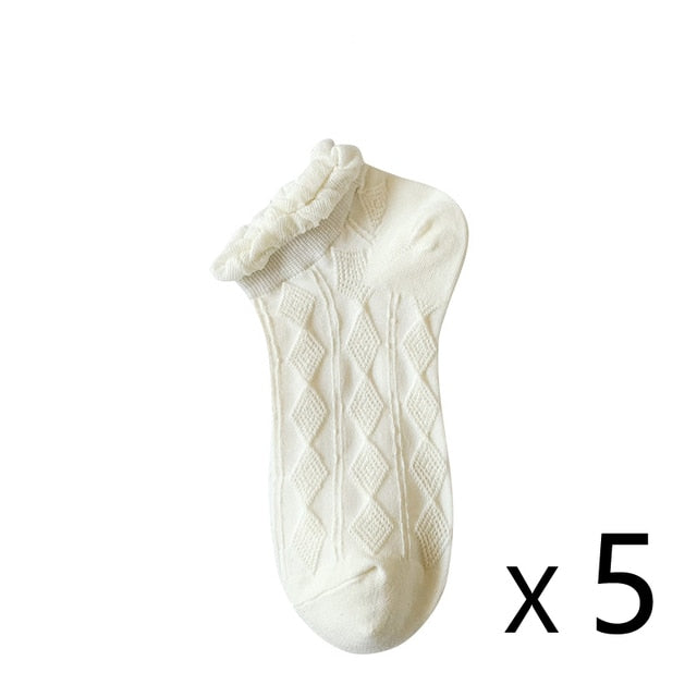Anysox 5 Pairs One Size 35-40 Summer Short Boat Invisible Chaussette Diamond Wave Cotton Ankle  Breathable Women Sock