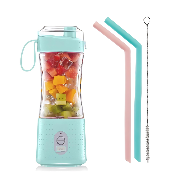 Anymob Mini Juicer Light Blue With Straw 380ml Portable Blender Rechargeable Bottle Shaker