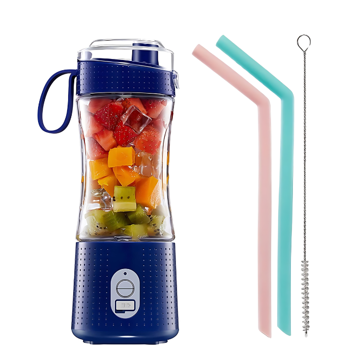 Anymob Mini Juicer Navy Blue With Straw 380ml Portable Blender Rechargeable Bottle Shaker