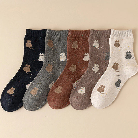 Anysox 5 Pairs Size 35-40 Mixed Color Cat Cartoon Fashion Socks High Quality Woollen Stockings Foot Wear