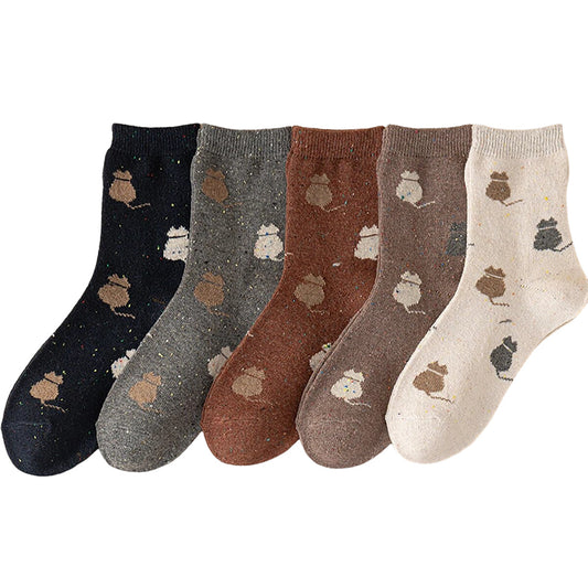 Anysox 5 Pairs Size 35-40 Mixed Color Cat Cartoon Fashion Socks High Quality Woollen Stockings Foot Wear