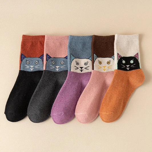 Anysox 5 Pairs Size 35-40 Mixed Color Cat Face Cartoon Fashion Socks High Quality Woollen Stockings Foot Wear