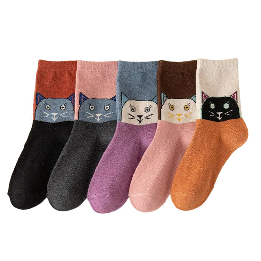 Anysox 5 Pairs Size 35-40 Mixed Color Cat Face Cartoon Fashion Socks High Quality Woollen Stockings Foot Wear