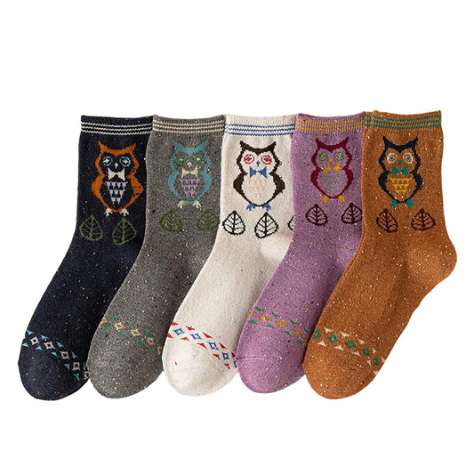 Anysox 5 Pairs Size 35-40 Mixed Color Owl Cartoon Fashion Socks High Quality Woollen Stockings Foot Wear