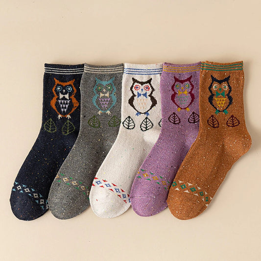 Anysox 5 Pairs Size 35-40 Mixed Color Owl Cartoon Fashion Socks High Quality Woollen Stockings Foot Wear