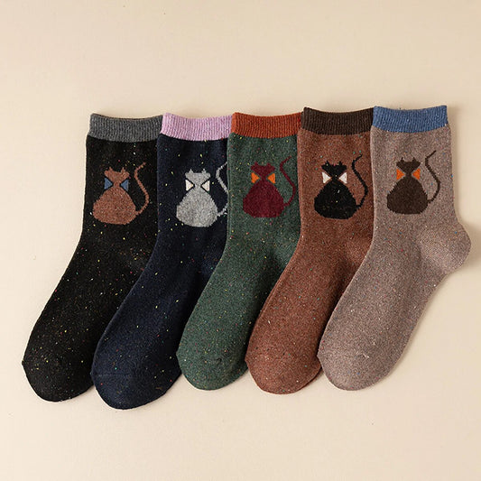 Anysox 5 Pairs Size 35-40 Mixed Color Cat Bowtie Cartoon Fashion Socks High Quality Woollen Stockings Foot Wear