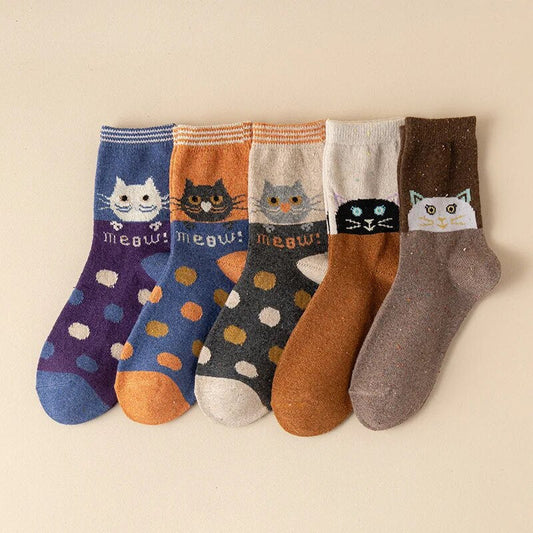 Anysox 5 Pairs Size 35-40 Mixed Color Cat Meow Cartoon Fashion Socks High Quality Woollen Stockings Foot Wear