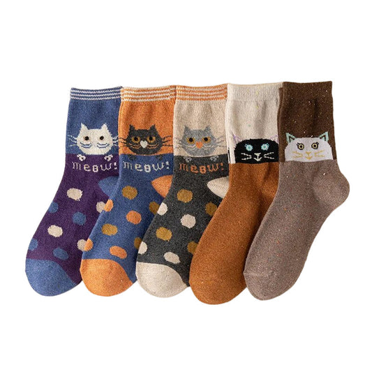 Anysox 5 Pairs Size 35-40 Mixed Color Cat Meow Cartoon Fashion Socks High Quality Woollen Stockings Foot Wear