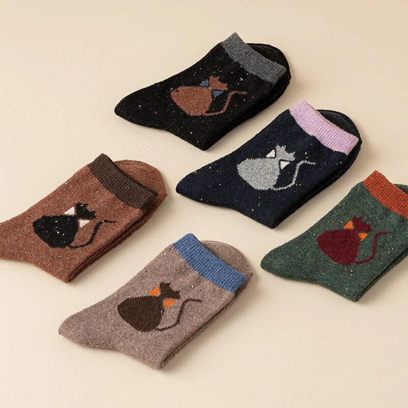 Anysox 5 Pairs Size 35-40 Mixed Color Cat Bowtie Cartoon Fashion Socks High Quality Woollen Stockings Foot Wear