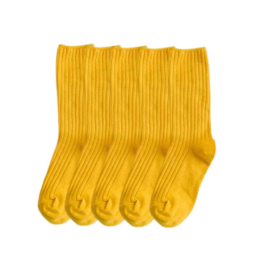 Anysox 5 Pairs One Size 36-43 Yellow Retro Long Knitted Socks Cotton Autumn Winter Solid Color Women Student Girls