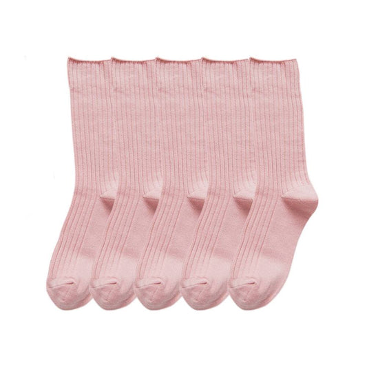 Anysox 5 Pairs One Size 36-43 Pink Retro Long Knitted Socks Cotton Autumn Winter Solid Color Women Student Girls