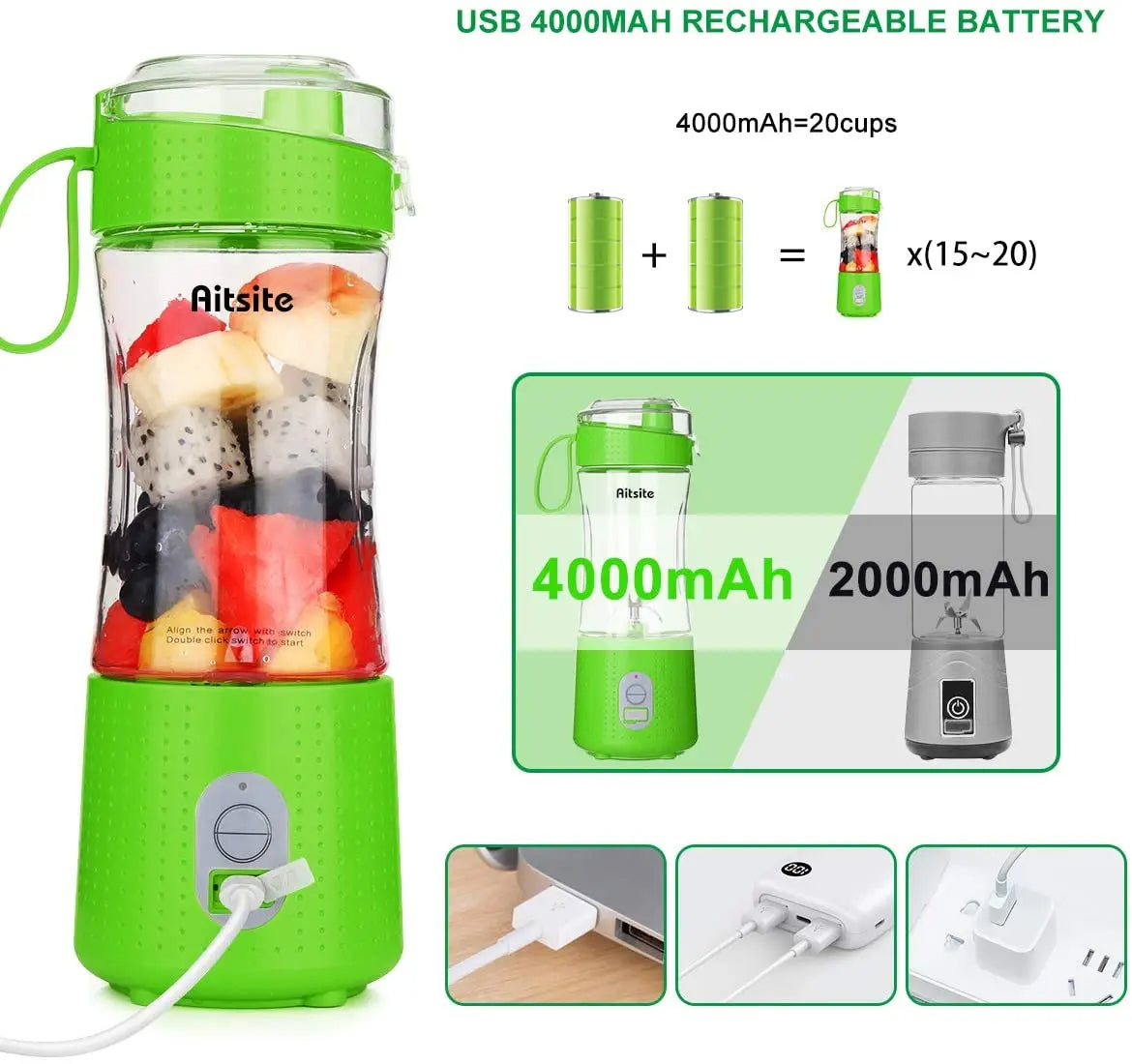 Anymob Mini Juicer Green With Straw 380ml Portable Blender Rechargeable Bottle Shaker