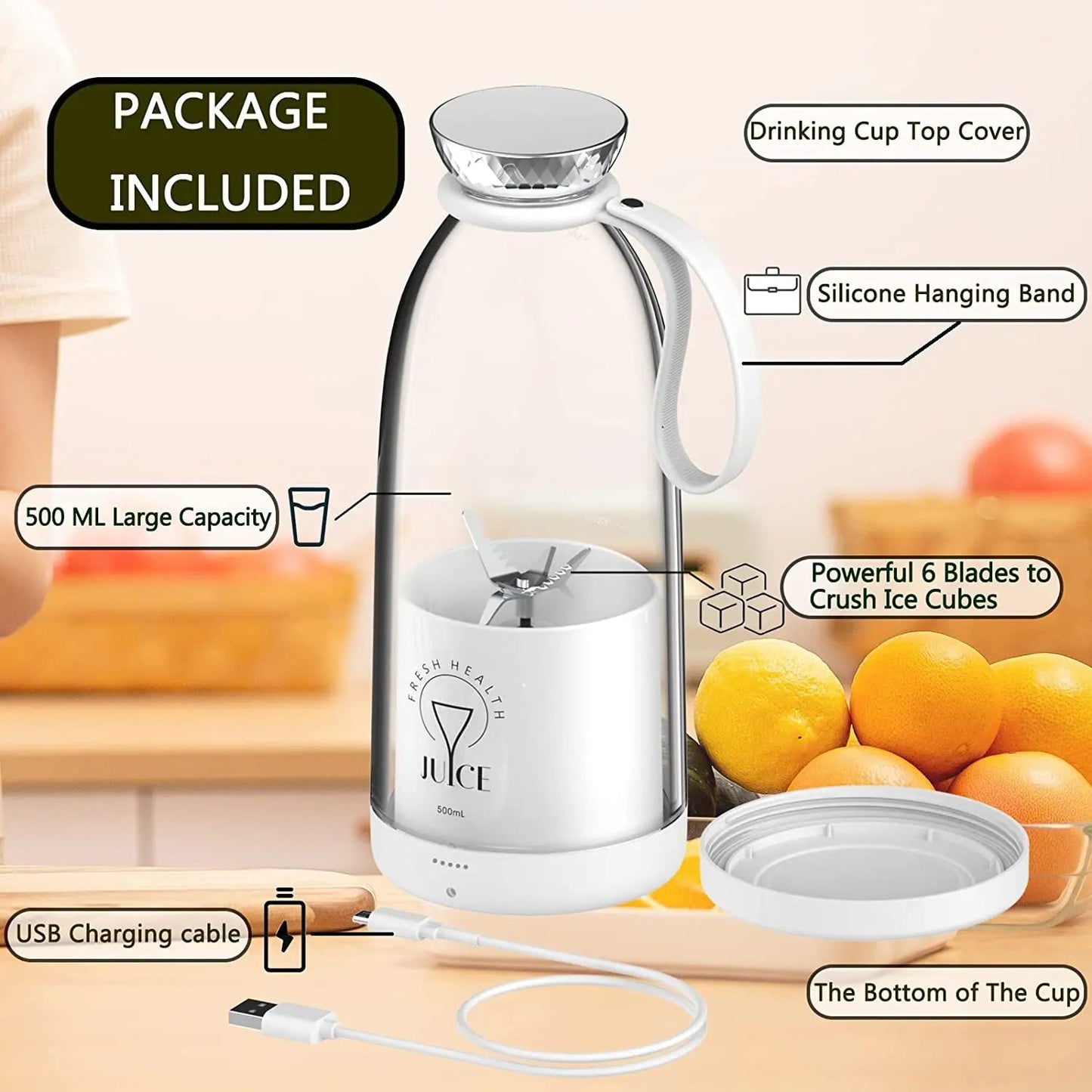 Anymob Mini Juicer White 500ml 6 Blades Rechargeable Blender