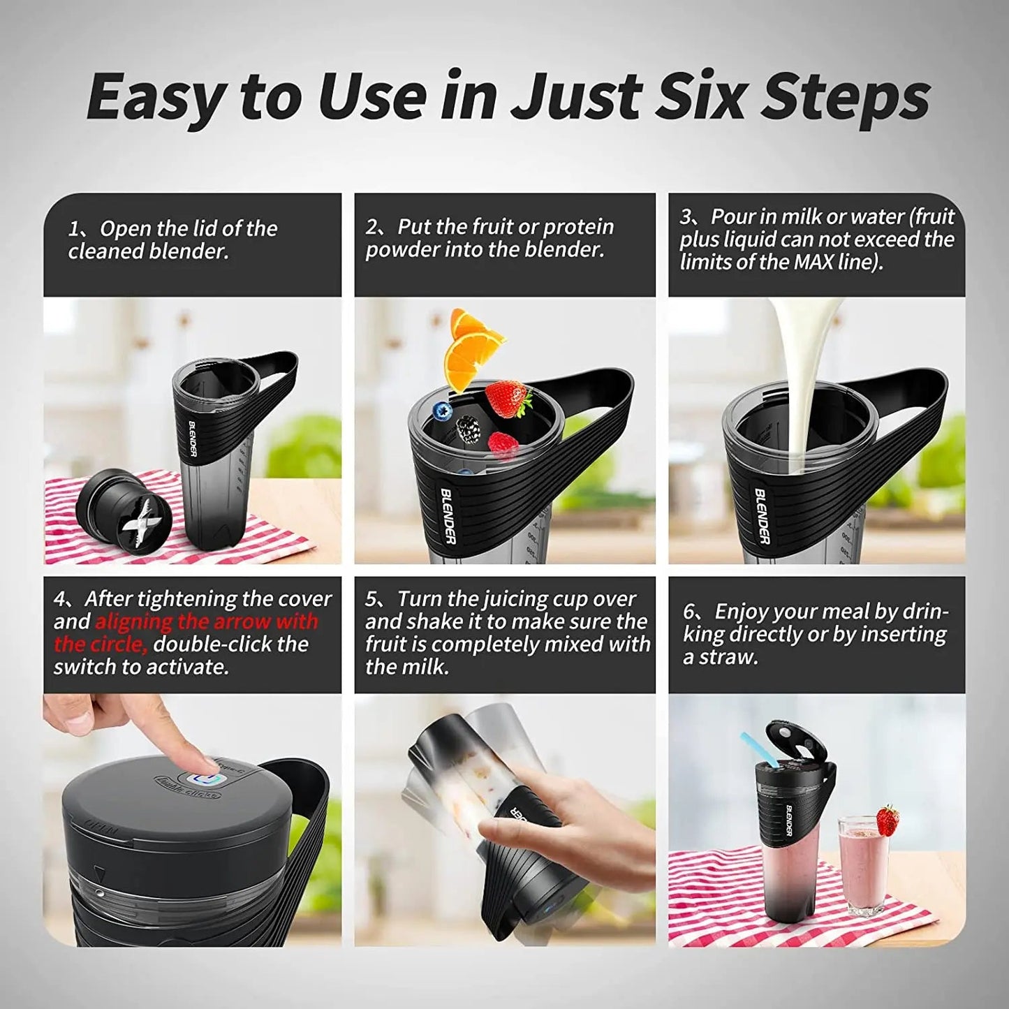 Anymob Mini Juicer Black 460ml Rechargeable Blender With Straw