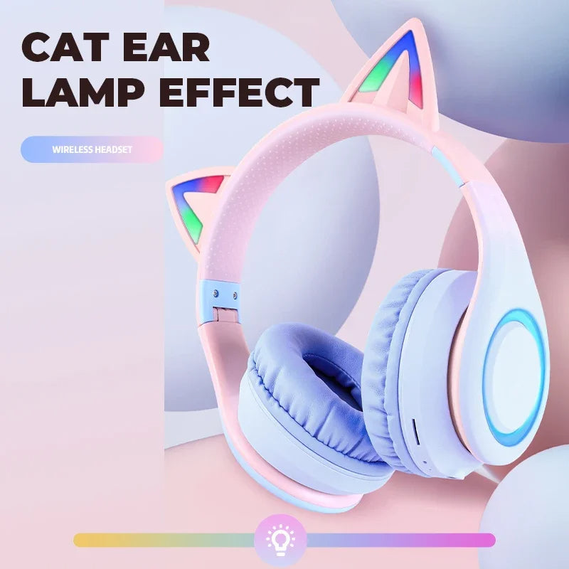 Anymob Headphone Blue Cat Ear Bluetooth Noise Reduction Foldable Headset