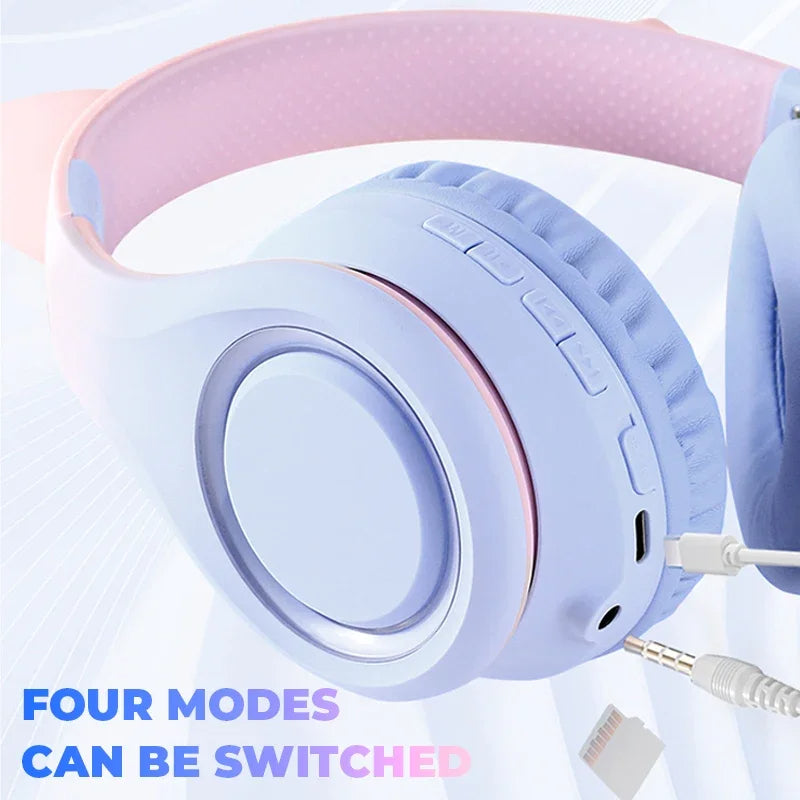 Anymob Headphone Blue Cat Ear Bluetooth Noise Reduction Foldable Headset