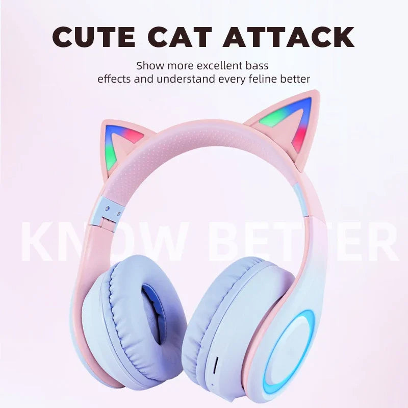 Anymob Headphone Blue Cat Ear Bluetooth Noise Reduction Foldable Headset