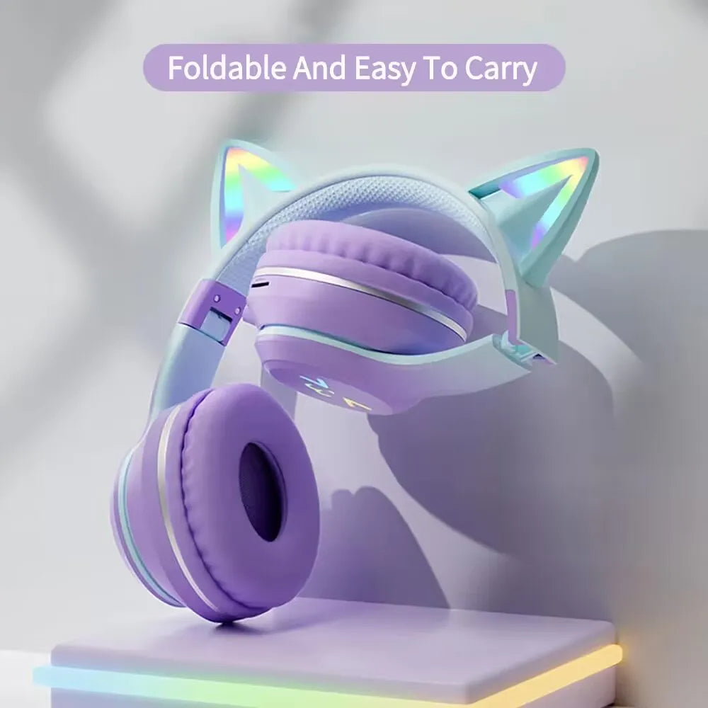 Anymob Headphone Purple Bluetooth Cat Ear Wireless Foldable Headset