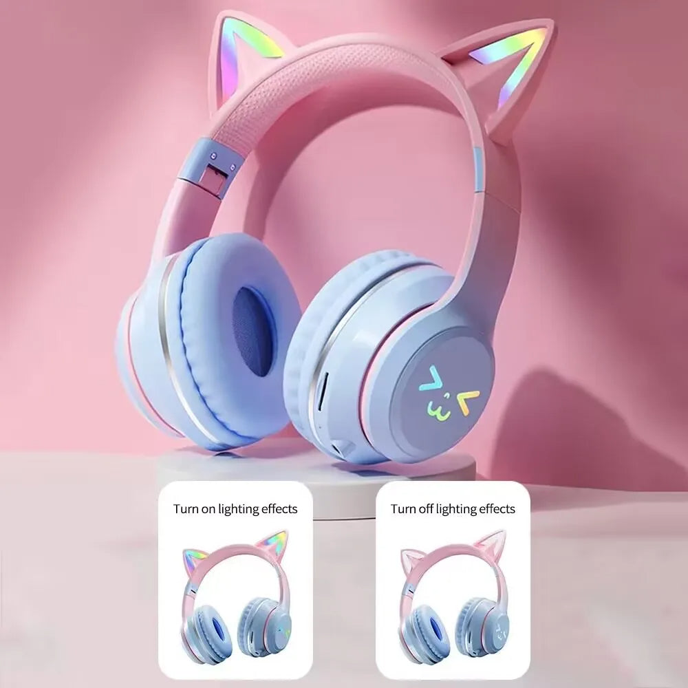 Anymob Headphone Pink Bluetooth Cat Ear Wireless Foldable Headset