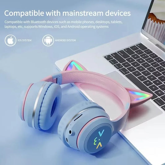 Anymob Headphone Green Bluetooth Cat Ear Wireless Foldable Headset