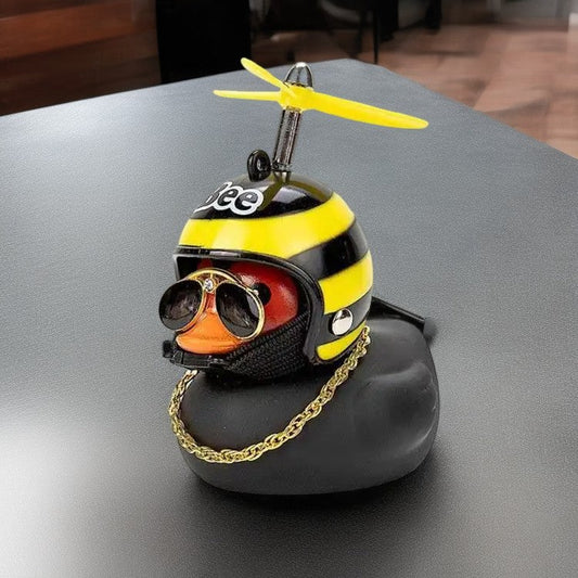 Anypack Car Ornaments  Black Duck with Bee Propeller Helmet Gold Chain