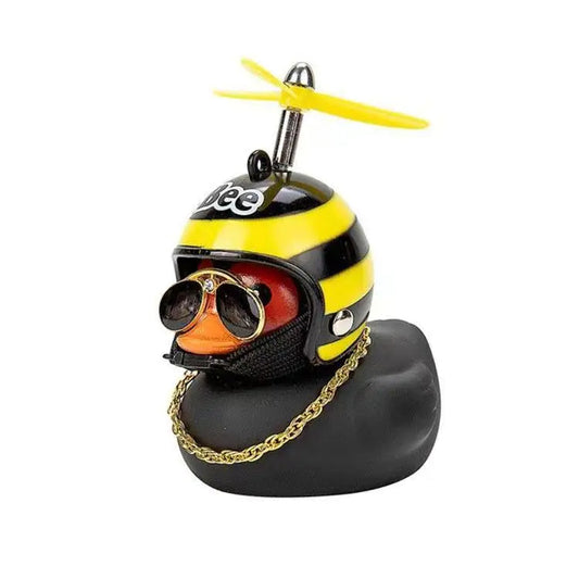 Anypack Car Ornaments  Black Duck with Bee Propeller Helmet Gold Chain