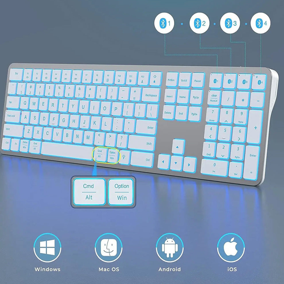 Anymob Bluetooth Keyboard White Full Size Rechargeable Backlight