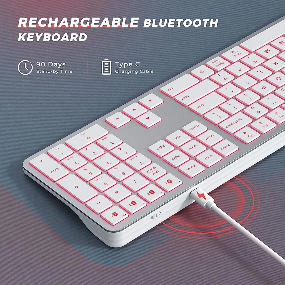 Anymob Bluetooth Keyboard White Full Size Rechargeable Backlight