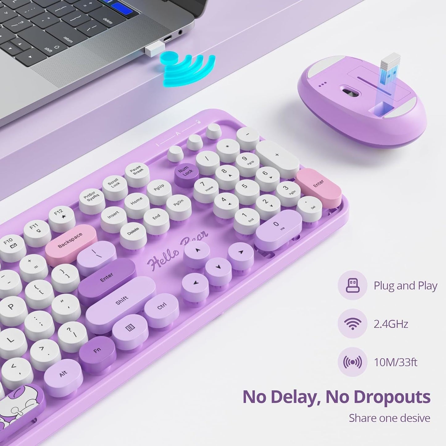 Anymob Bluetooth Keyboard And Mouse Set Light Purple Full Size Quiet Clicks