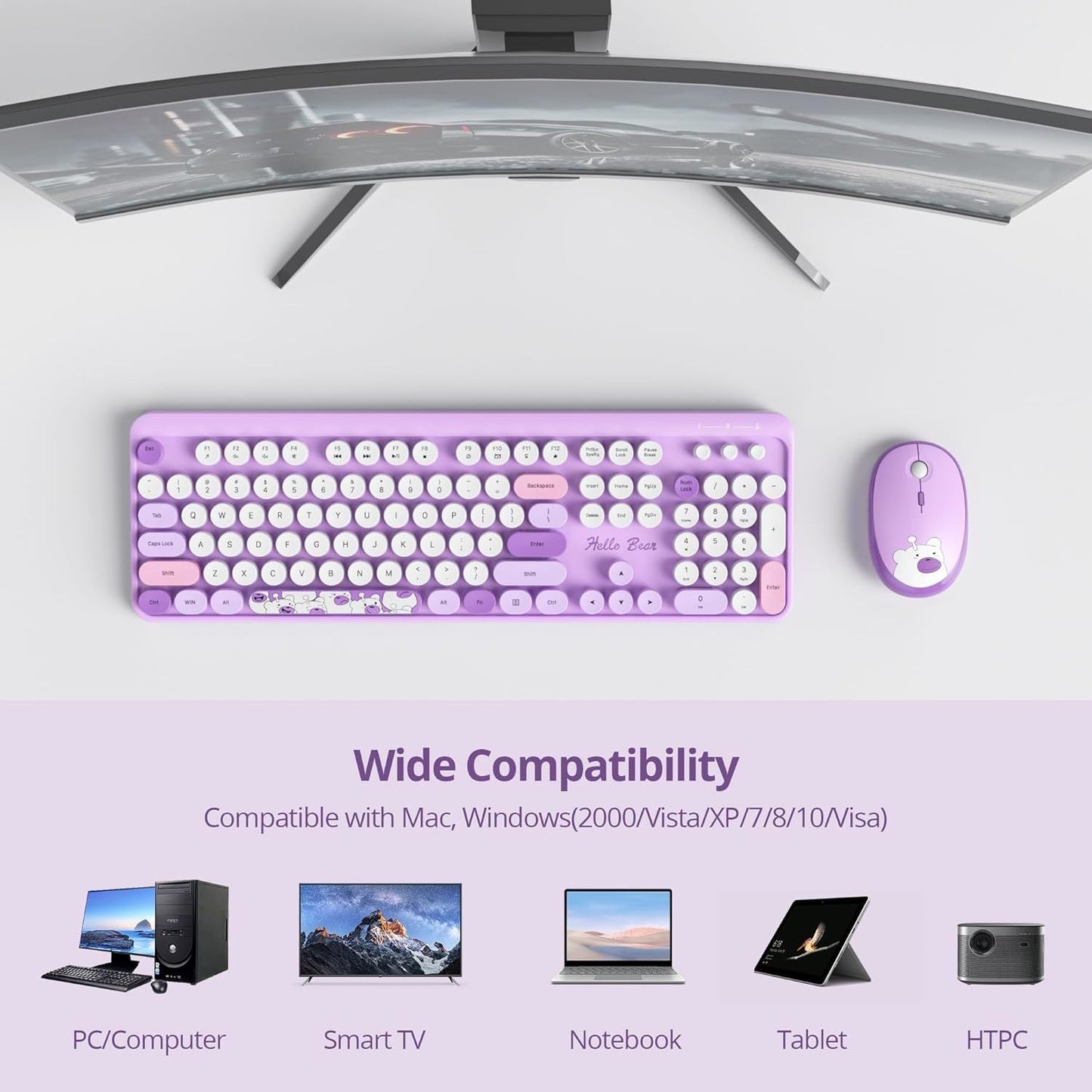 Anymob Bluetooth Keyboard And Mouse Set Light Purple Full Size Quiet Clicks