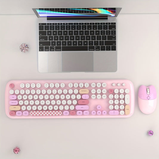 Anymob Bluetooth Keyboard And Mouse Set Pink Retro Design Wireles