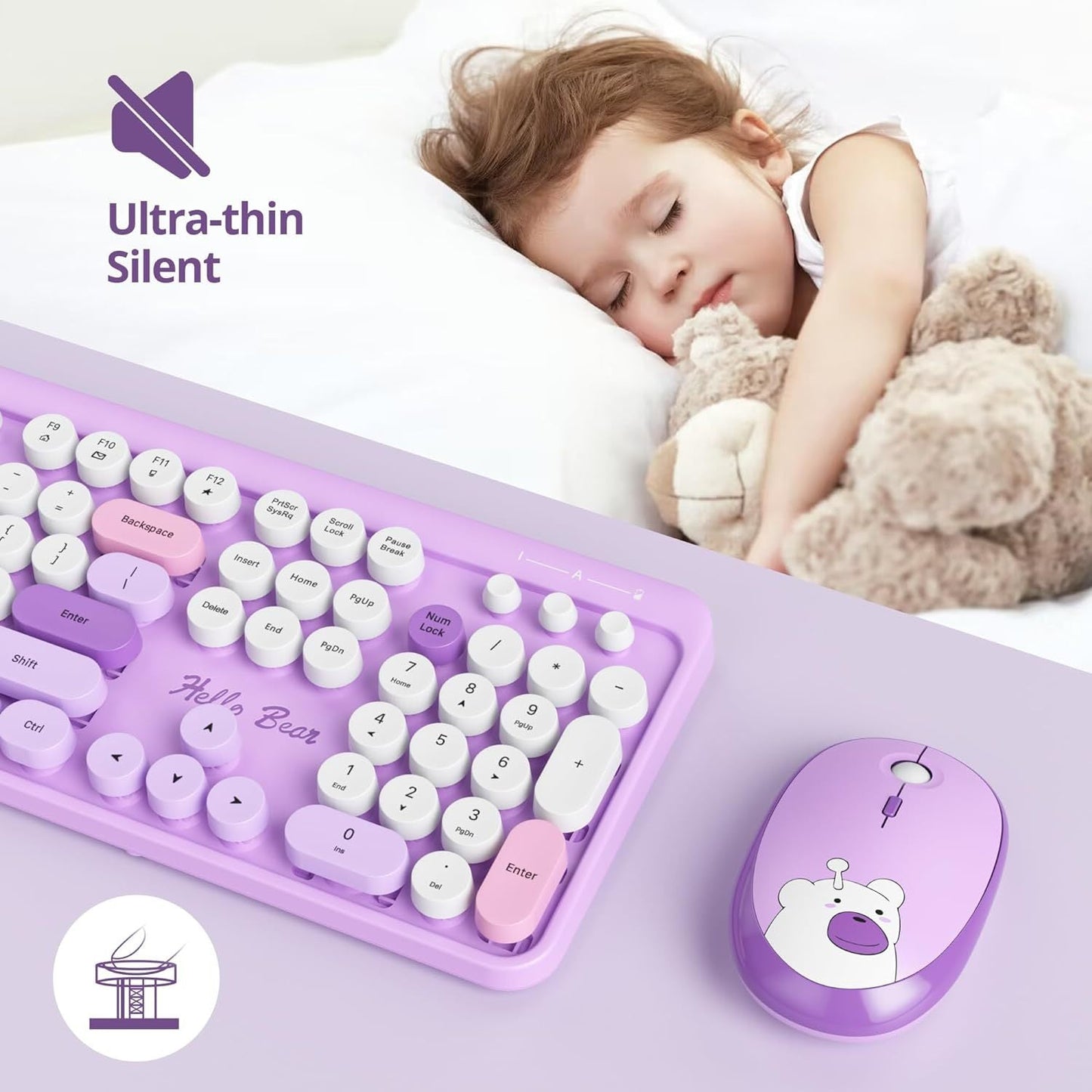 Anymob Bluetooth Keyboard And Mouse Set Light Purple Full Size Quiet Clicks