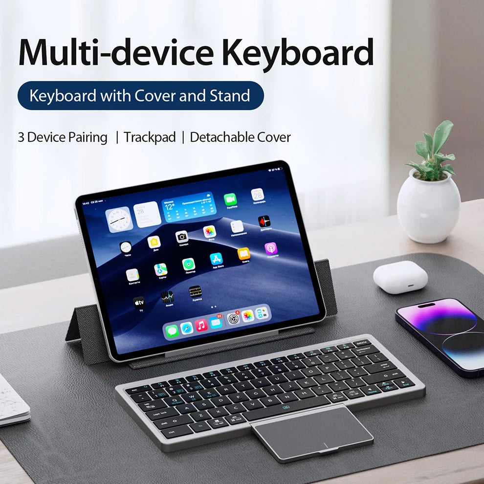 Anymob Bluetooth Keyboard  Silver Mini Foldable Wireless With Touchpad