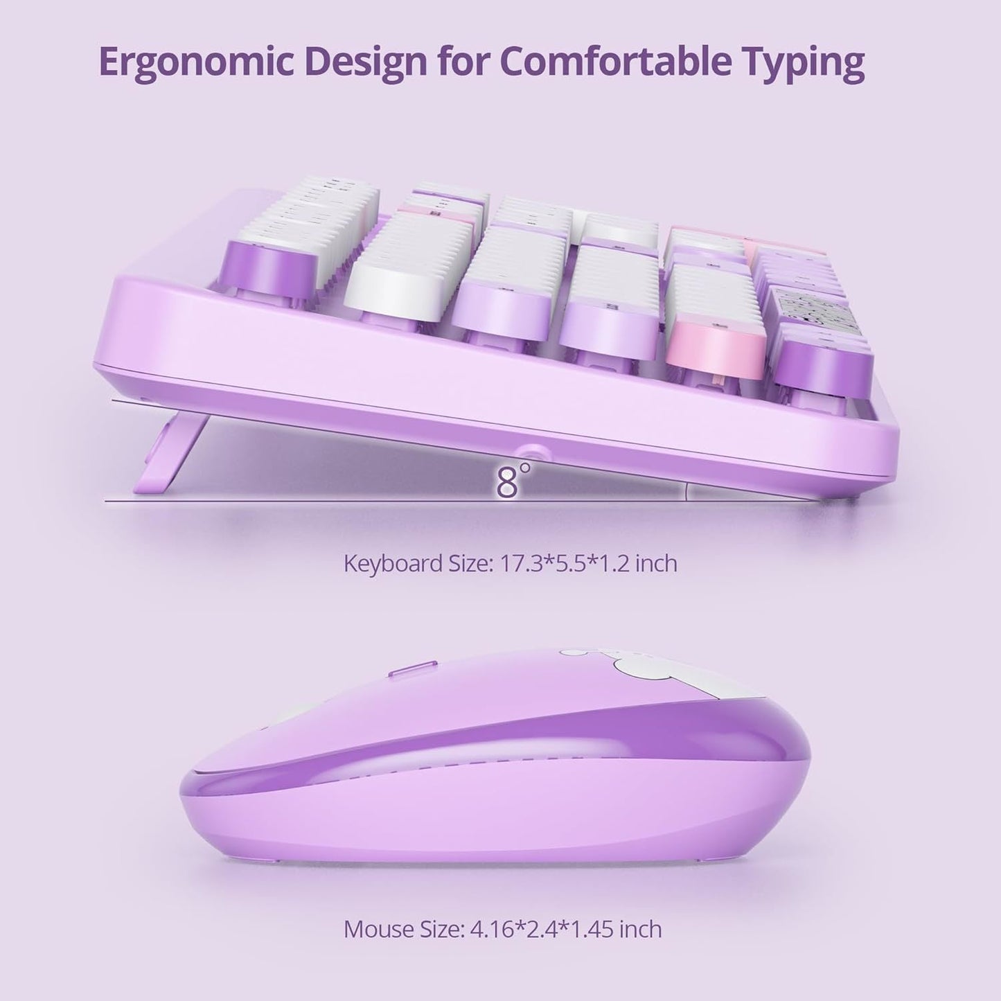 Anymob Bluetooth Keyboard And Mouse Set Light Purple Full Size Quiet Clicks